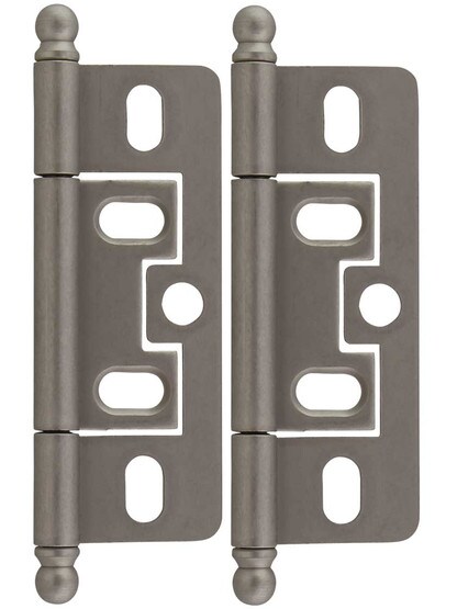 Pair of Solid Brass 2 1/2 inch Non-Mortise Ball-Tip Cabinet Hinges in Distressed Nickel.